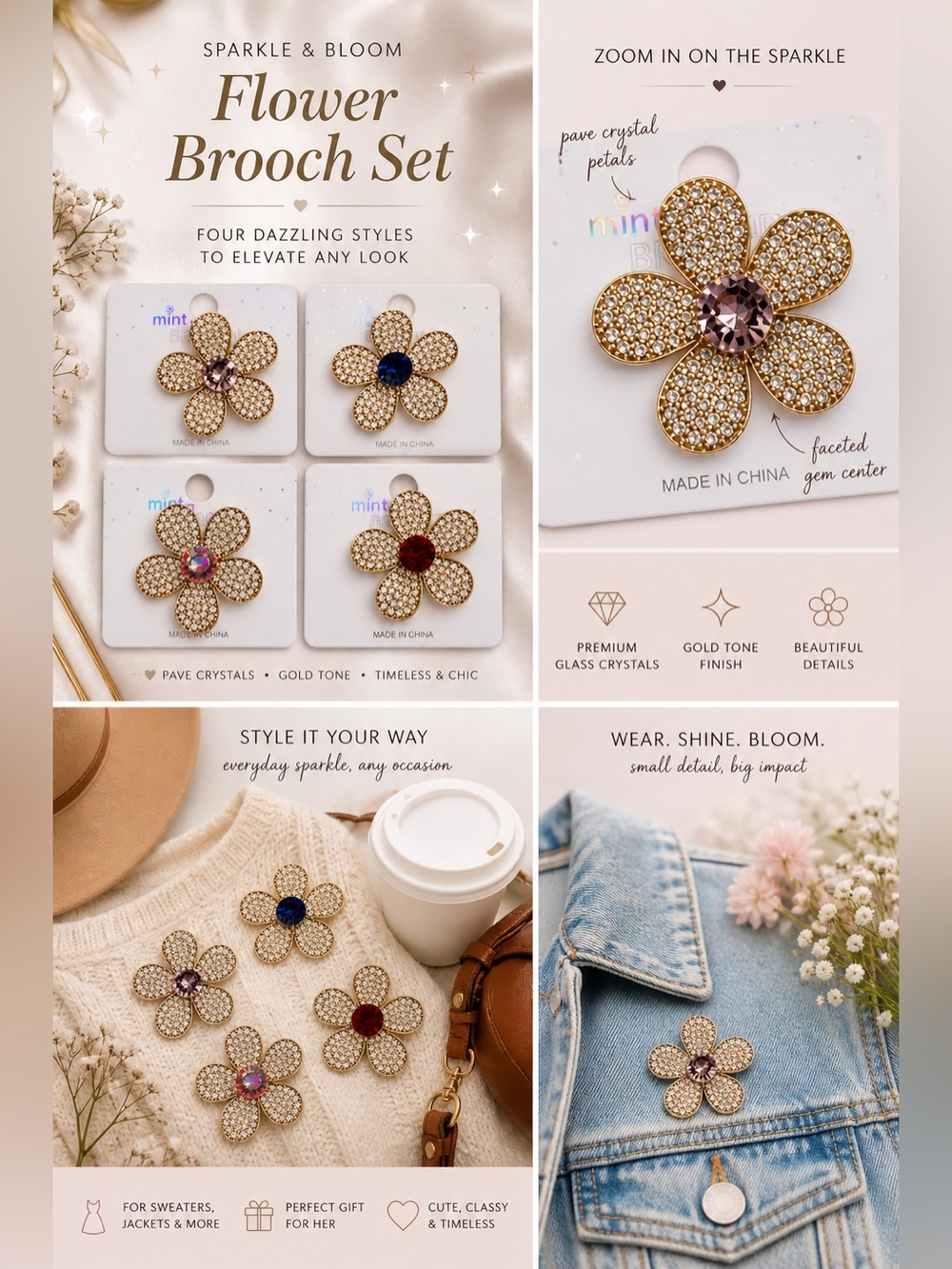Flower Brooch Set - Gold Tone with Multi Gem Centers